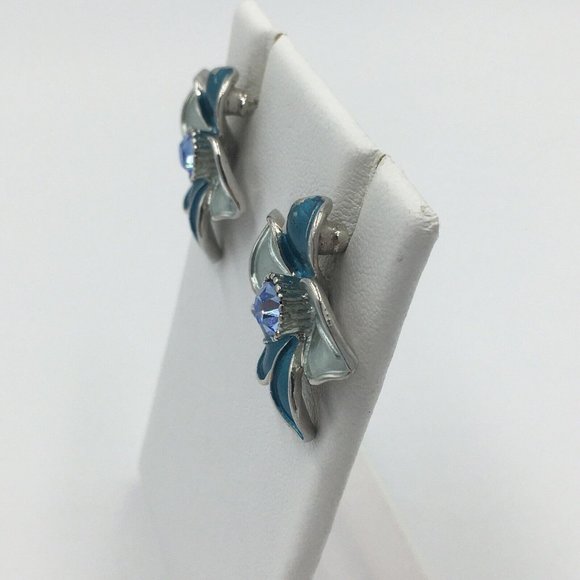 Blue & Silver Enamel FLOWER EARRINGS, Lavender Purple CENTER RHINESTONE - Picture 5 of 6